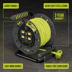 Masterplug 50ft Cord Reel, Retractable Extension Lead with Winding Handle, Safety Overload Circuit Breaker and Power Switch, 4X Grounded Outlets, 2X USB Ports, 13amps, 14AWG Cable