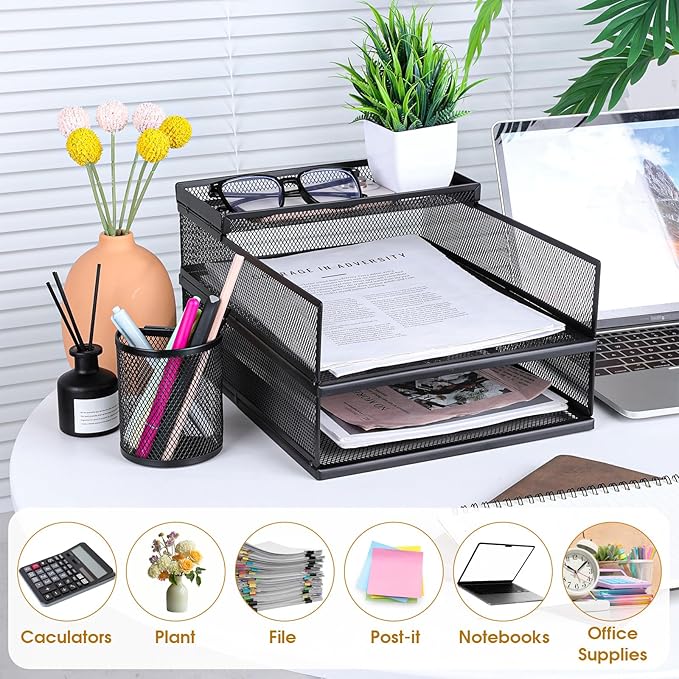 Black Metal Letter Tray Set, 3 Pcs Mesh Office Desk Drawer Organizer Tray with 1 Pcs Black Wire Mesh Pencil Cup Holder, Front Load File Paper Holder for Desk Office(Pack 4)