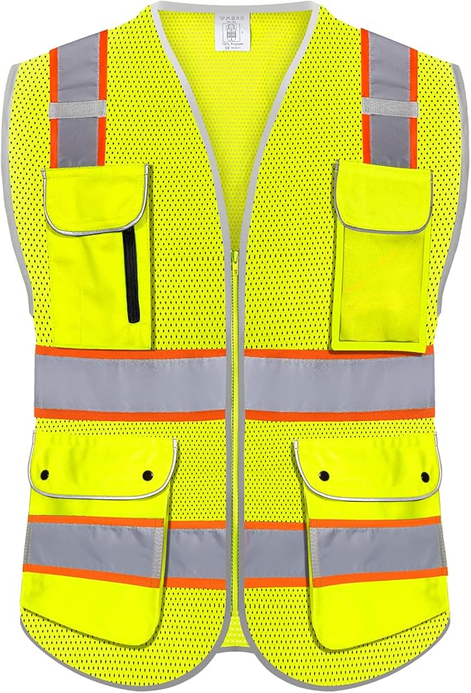High Visibility Safety Vest - Reflective Breathable Mesh with 9 Pockets, Front Zipper for Men & Women - Meets ANSI/ISEA Standards