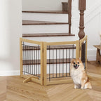 Wire Dog Gate Solid Wood Frame, Anti-Chewing Pet Gate Indoor Freestanding Indoor Foldable Dog Fences for Stairs, House, Doorway Extra Wide, 3-Panel, 60" Wide Oak Color