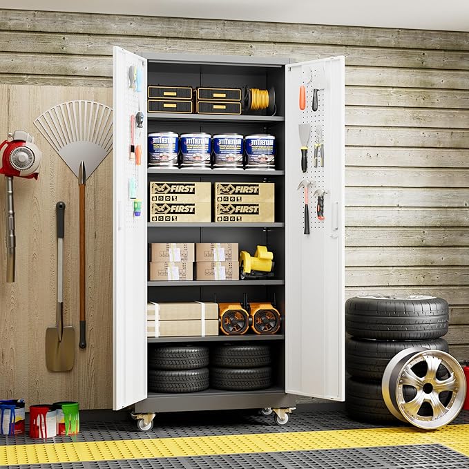 Aobabo Upgrade 71H''*32''W*16''D Metal Garage Storage Cabinet with Wheels and Pegboards, 5 Adjustable Shelves Steel Storage Cabinets for Home,Warehouse,Garage,Assembly Required,Grey and White