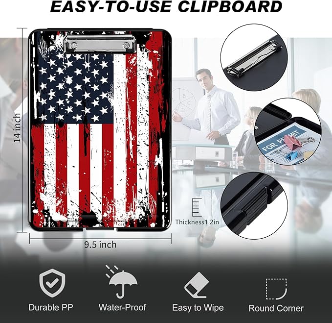 Side Opening Clipboard with Storage and Pen Holder, Large Capacity Heavy Duty Clip Board, American Flag Design for Teachers and Nurses
