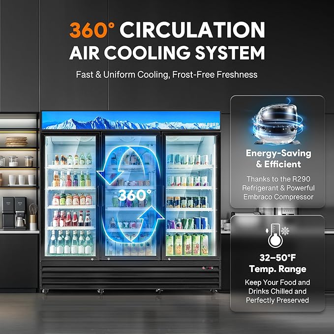 Wilprep Commercial Refrigerator, 72.4 cu. ft. Upright Beverage Display Refrigerator with LED Lighting, 78.1" Swing Glass Door Merchandiser Fridge, ETL, ETL sanitation Listed