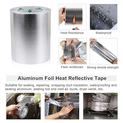 BOMEI PACK Adhesive Aluminum Foil Heat Shield Tape Barrier, Fiberglass Thermal Insulation Reflective Material High Temp Protection (6in*66ft)