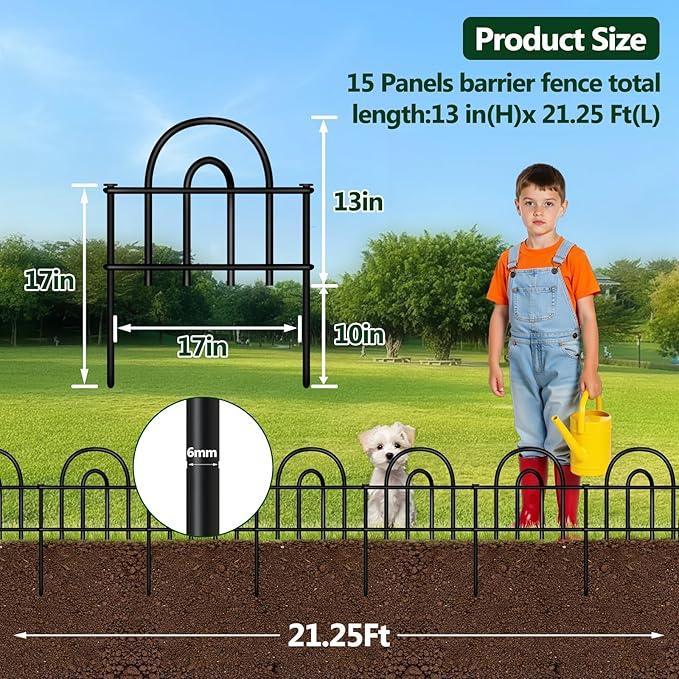 Decorative Garden Fence, 15 Panels No Dig Fence, 21.25 ft(L) x 13 in(H) Animal Barrier for Dogs Rabbits, Rustproof Metal Arched Decorative Garden Fences for Flower Bed, Outdoor, Yard, Patio