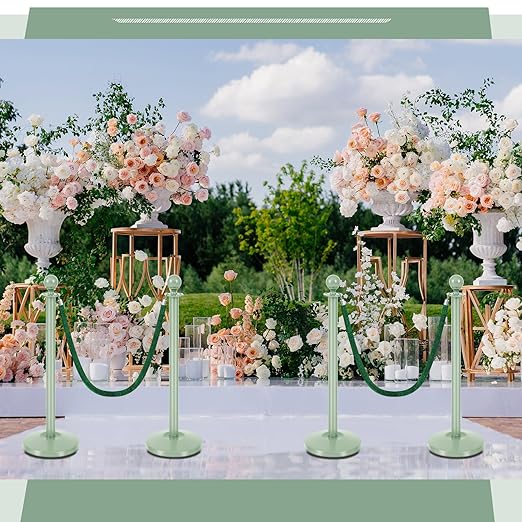 Ferraycle 4 Pcs Stainless Steel Stanchions Post Queue 38 Inch, 5 ft Velvet Rope Carpet Ropes and Pole, Control Barriers for Wedding Birthday Party Decoration Sand Injection Hollow Base Set (Green)