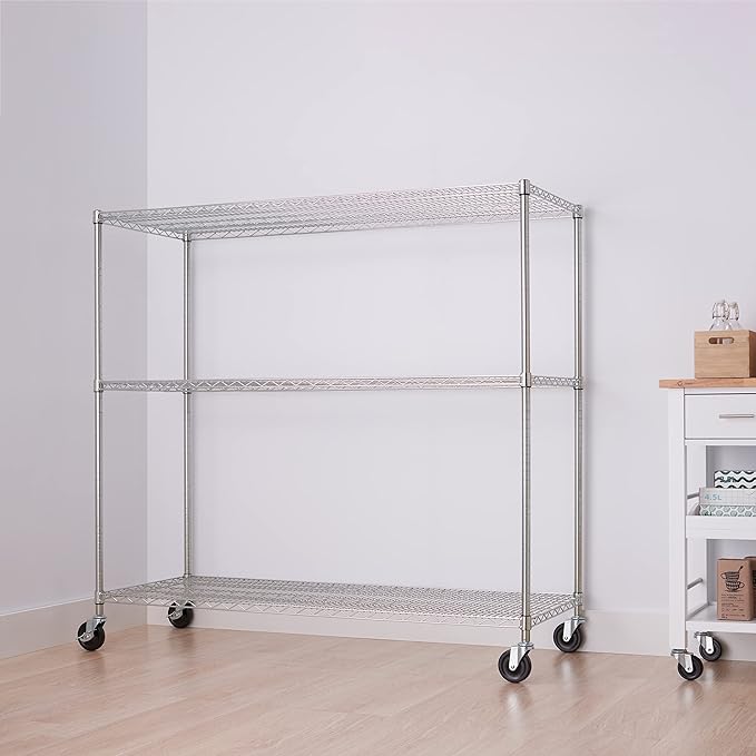 Trinity Basics 3-Tier Adjustable Wire Shelving with Wheels for Kitchen Organization, Garage Storage, Laundry Room, NSF Certified, 600 to 1350 Pound Capacity, 60” by 24” by 54”, EcoStorage Chrome