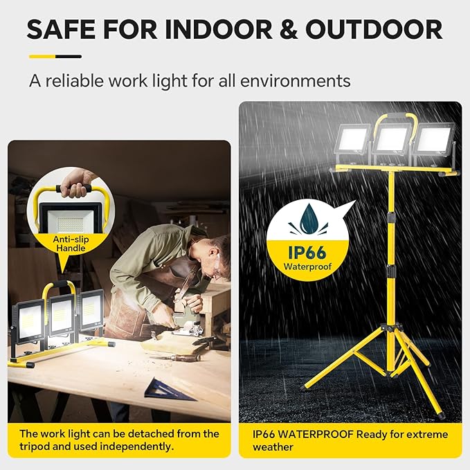 LED Work Lights with Stand: 3 Head Adjustable Work Light with Individual Switch, IP66 Waterproof Foldable Outdoor Tripod Light for Job Site Construction Lighting, Tool Gifts for Men