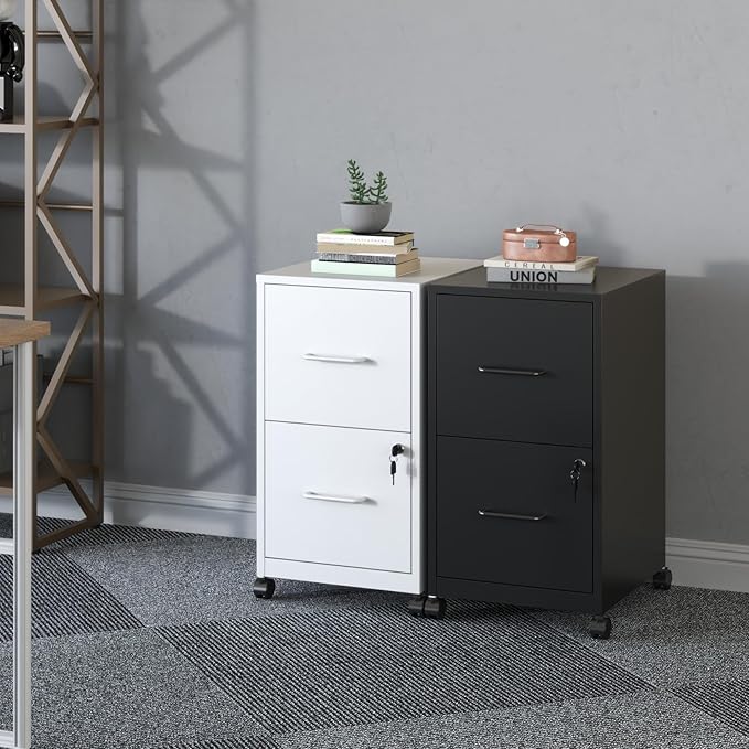 2 Drawer Mobile File Cabinet with Lock and Wheels, Small Vertical Under Desk Steel Rolling Storage Cabinet for Home Office Legal/Letter/A4 Files, Assembly Required (Black)
