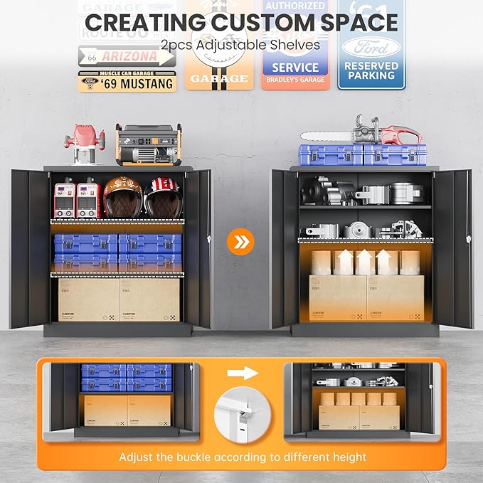 Metal Garage Storage Cabinets with Lock, 36" Tall Tool Cabinet with 2 Door and 2 Adjustable Shelves, Locking Garage Cabinets and Lockable Steel Locker for Home Office Warehouse - (Black-36”H)