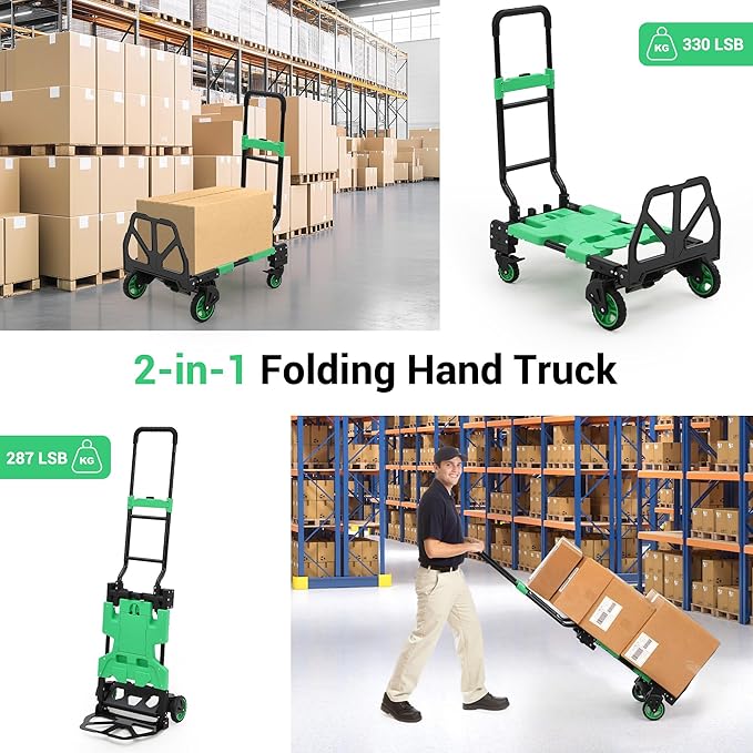 2-in-1 Folding Hand Truck with Folding Basket,Collapsible Hand Truck Dolly with Retractable Handle and 4 Wheels,330 LB Capacity Portable Dolly Cart for Moving and Shopping,Durable and Easy to Store