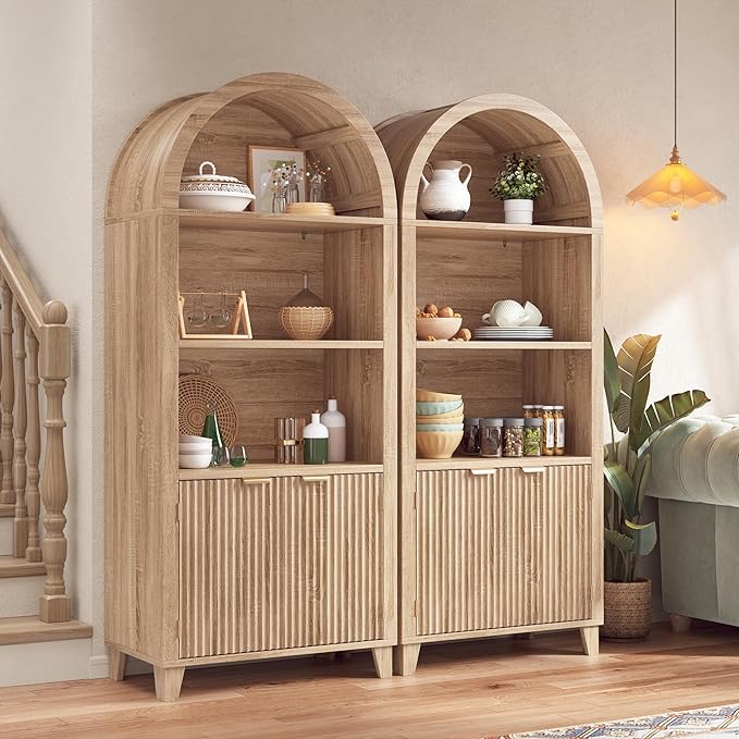 Arched Storage Cabinet, 5-Tier Pantry Cabinet with Fluted Doors, Arched Cabinet with Open & Adjustable Shelves, Versatile Cupboard for Dining Room, Living Room, Light Oak