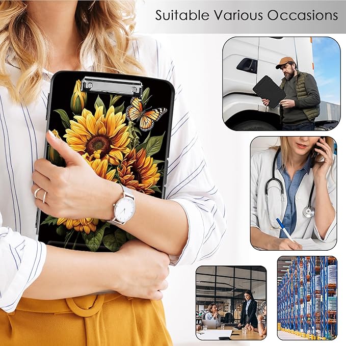 Clipboard with Storage,Office Supplies Nursing Clipboards Folder with Pen Holder Smooth Writing Plastic Storage ClipBoard Foldable for Teacher Nurse,Butterfly Sunflowers