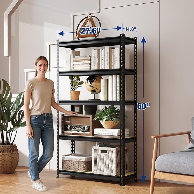 WORKPRO 5-Tier Storage Shelf, 72" H Heavy Duty Adjustable Garage Shelving Unit 2180LBS Capacity, for Basement, Kitchen, Pantry, 27.6”Wx11.8”Dx60”H, Black