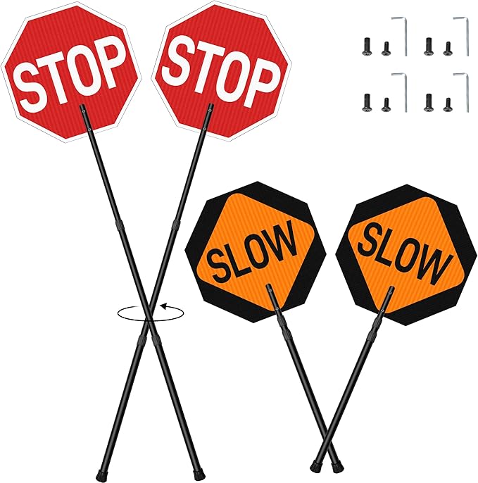 2 Pack Stop Slow Sign 18 x 18 Inches with 66" Telescopic Handle, Double Sided Handheld Stop/Slow Paddle Sign, Adjustable Reflective Aluminum Traffic Signs with Engineer Grade Film for Road Street