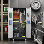 Broom Closet Storage Cabinet with Wheels and Pegboard, Metal Garage Storage Cabinet with Magnetic Doors,Adjustable Shelves for Garage Home Office,Required Assembly,Black and White,71"H×15.75"D×31.5"W