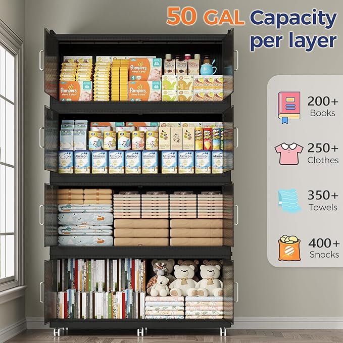 200Gal Extra Large Stackable Storage Bins with Lid, 800Qt Collapsible Storage Box with Wheels, Closet Organizers and Storage Cabinet Container for Home, Kitchen, Office, Bedroom, 4Pack Black