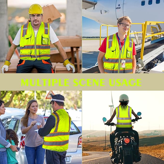 Reflective Safety Vest for Men Women, High Visibility Safety Vest with 8 Pockets Zipper Front, Meets ANSI Standards