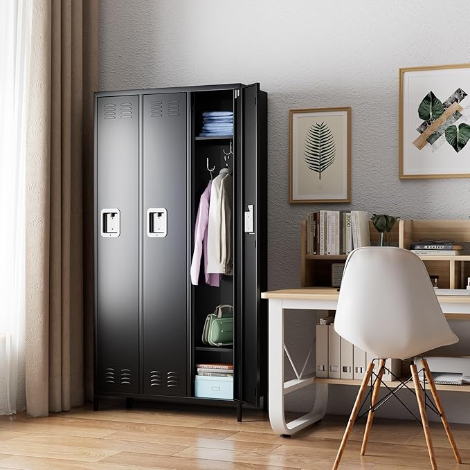 Metal Storage Locker with 3 Doors, Employee Lockers with 9 Hooks for Employees Home Office,Requires Assemble,Black