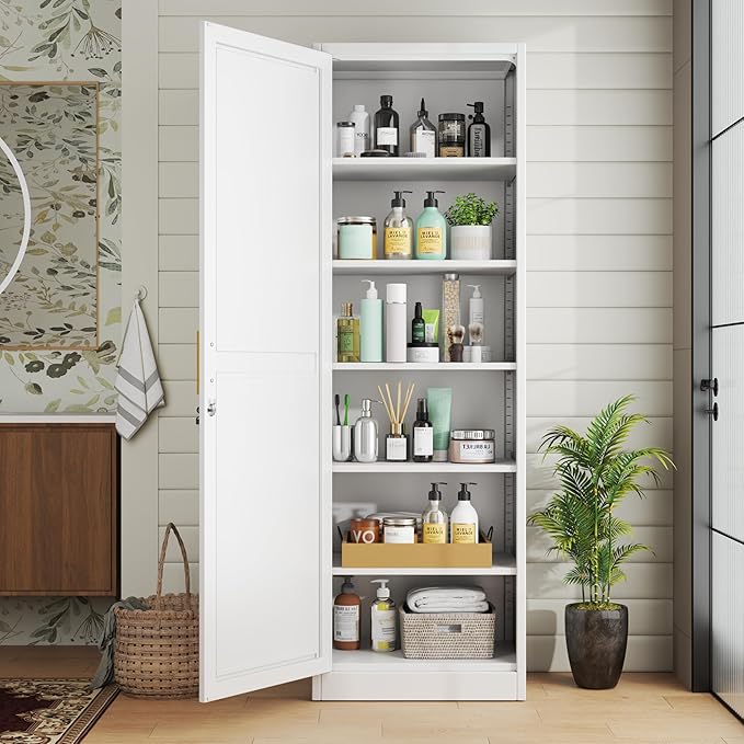 Metal Locker Cabinet, 19.7’’W Narrow Lockable Single File Storage Cabinet, Bathroom Cabinet with Lock and Adjustable Shelves for Living Room, Home Office, Dining Room, White