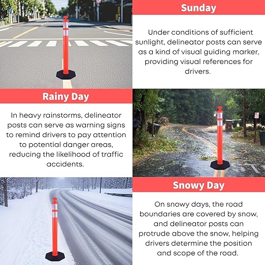 Reflective Rubber Base Traffic Delineator Post - Heavy-Duty Safety Bollards for Parking Lot Markers, Road Construction, Driveway Warning - with Reflective Strips (3 Pack - 42 Inch)