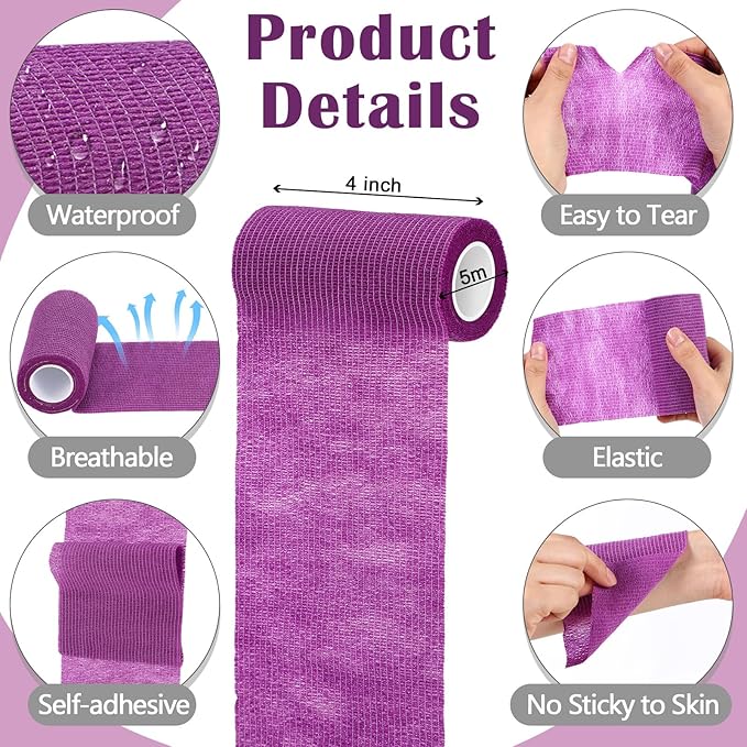 Treela 36 Pcs Self Adherent Bandage 4" X 5 Yard Wrap Breathable Cohesive Bandage Elastic Adhesive Tape for Stretch Athletic Sports Wrist Ankle(Purple)