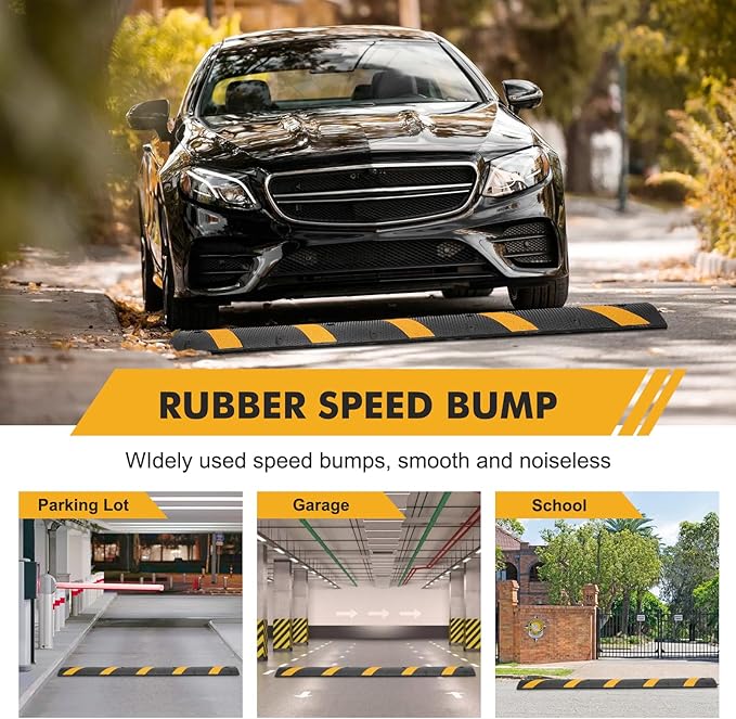 2-Pack 6FT Heavy Duty Speed Bumps – 25,000Lb Capacity Recycled Rubber Traffic Calming Humps for Parking Lots, Driveways & Garages – Weatherproof with Cable Protection Channels