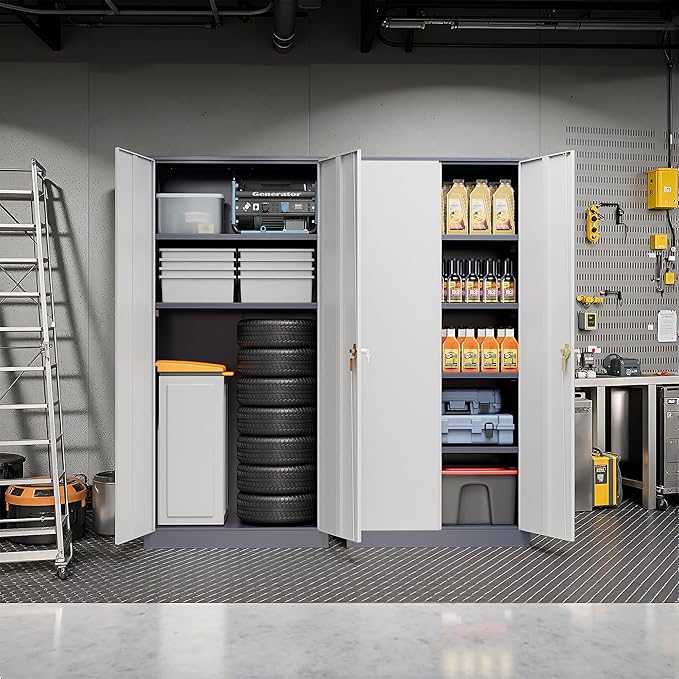Pataku Metal Storage Cabinet, 72" Garage Cabinet with Doors and Shelves Lockable Steel Multifunctional Cabinets, File Cabinets for Home, Office, Garage, Warehouse(White Grey)