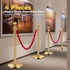 VIVOHOME Stainless Steel Stanchion Post Queue 4PCS Pole w/ 2 Red Velvet Ropes, Crowd Control Barriers w/Fillable Base for High-end Venues, Museums, Party Supplies (4 Pieces, Golden)