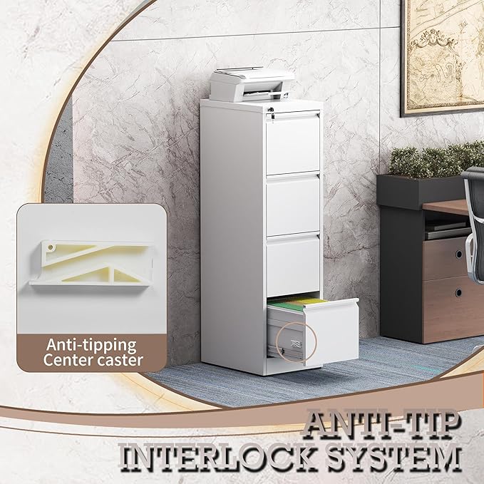 File Cabinet, 4 Drawer File Cabinet with Lock, Steel Vertical Filing Cabinets for Home Office, Heavy Duty File Storage Cabinet for Legal/Letter/A4 Documents, Easy to Assemble, White