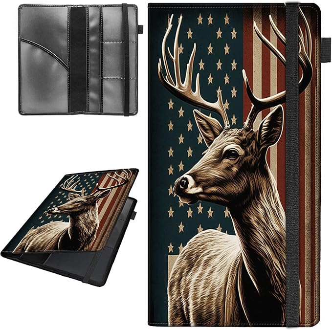 Car Registration and Insurance Holder,Leather Vehicle Glove Box Organizer Wallet for Document,Perfect for any Car,Truck,Motorcycle,Driver License,Trailer or Boat,Men & Women,American Deer Flag Pink