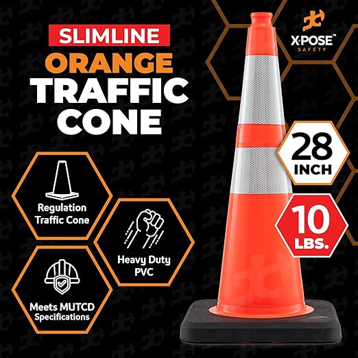 Xpose Safety 28 Inch Orange Slim Line Traffic Cones Heavy Duty 10lb with 6" & 4" Collars, 1 Pack Multipurpose PVC Plastic Safety Cone for Parking, Soccer, Caution, Kids & Construction - DOT Approved