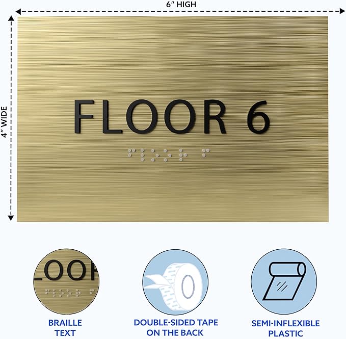 6" X4" Floor 6 Sign - ADA Compliant Tactile Graphics Grade 2 Braille Text | Wall Mount Plastic Directional Assistance, Floor Number Sign for Office, Schools, Hospitals, Apartments