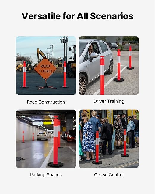 VEVOR 2 Pack Traffic Delineator Posts, 48 inches Traffic Safety Cones with Weighted Base and Reflective Strips, Heavy Duty Delineator Posts for Construction Site, Parking Lot, Crowd Control, Red