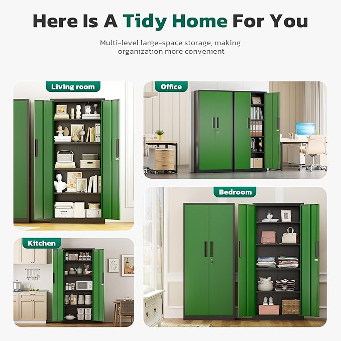 Greenvelly Metal Storage Cabinet, 63" H Locking Metal Storage Cabinet with Doors and 4 Shelves, Lockable Steel Cabinets for Kitchen, Bedroom, Living Room, Office (Green)