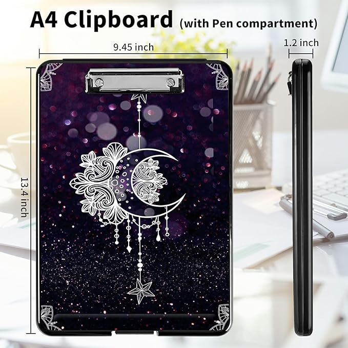 A4 Clipboards,Heavy Duty Waterproof Nursing Plastic Folder Clipboard with Storage Clip Boards,File Folder Storage Box Clipboard Case for Teacher,Doctor,Offices,Moon Star Galaxy Florals