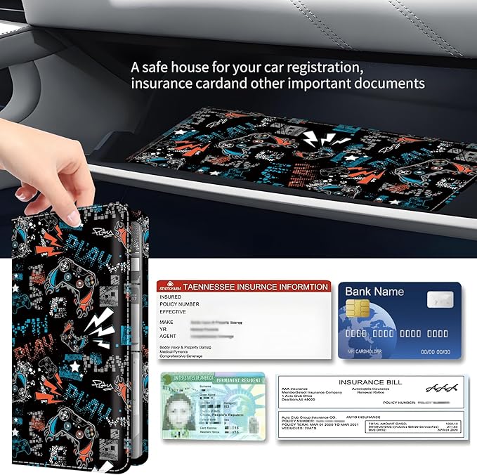 Premium Car Registration and Insurance Card Holder, Cute PU Leather Car Document Holder, Vehicle Glove Box Car Organizer with Magnetic Closure for Driver License, Cards Neon Gamer Pattern