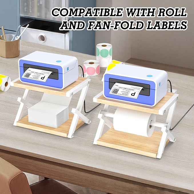 Alyoen Label Holder for Rolls and Fan-Fold Labels, Thermal Shipping Label Holder for Thermal Printer, Desktop Label Printer Accessory Supplies for Home, Office, Small Business (Beige + White)