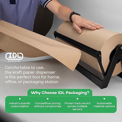 Brown Kraft Paper Jumbo Roll 18" x 14400" (1200 ft) with Dispenser – USA-Made Natural Kraft Paper 30lb Thickness for Packing, Wrapping, Void Filling, Kids' Arts, DIY & School Projects by IDL Packaging