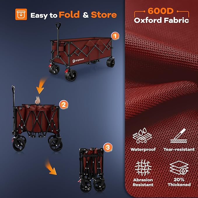 48" L Collapsible Wagon Cart Foldable, 560lbs Weight Capacity 300L Heavy Duty Folding Beach Wagons with Big All-Terrain Wheels, Utility Carts for Groceries, Shopping, Camping, Sports-red
