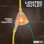 Iron Forge Cable 2 Pack 50 Foot Lighted Outdoor Extension Cord with 3 Outlets - 12/3 SJTW Heavy Duty Yellow Extension Cable 3 Prong - Multiple Outlets