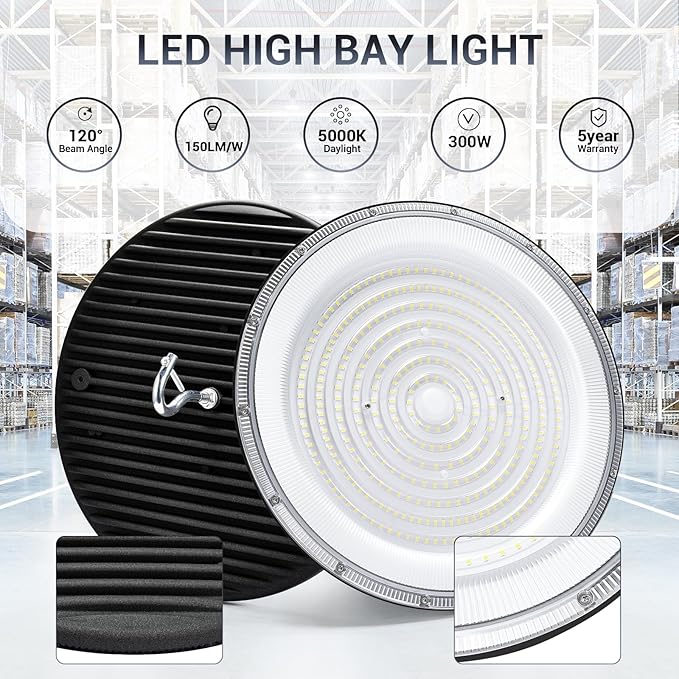 6 Pack 300W UFO Led High Bay Light,120VAC,5000K Daylight Commercial Bay Lighting,IP66 Waterproof,45050LM,1300W MH/HPS with Plug Area Lighting for Warehouse/Shop/Workshop/Barn/Gym/Factory