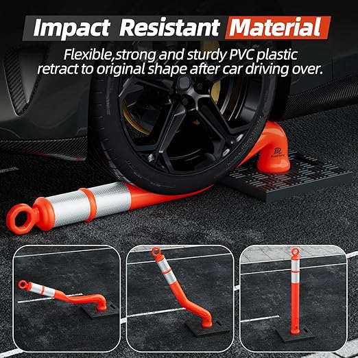 RoadHero 42 Inch Delineator Post with Base, Portable Orange Traffic Delineator Posts Cones with Reflective Collars for Parking Lots, Road Safety, Construction Events (3 Pack)