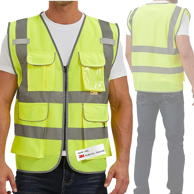 SIFE Reflective Safety Vest High Visibility Vest With 7 Pockets And YKK Zipper, ANSI/ISEA Class 2 Standard, Made With 3M Reflective Tape(03Y-Yellow Mesh,L)