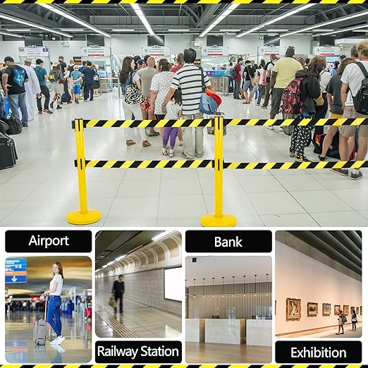 Therwen 6 Pcs Double Retractable Belt Barrier with Stanchion Dual Retractable Safety Belt Heavy Duty Crowd Control Stanchions Stainless Steel Post Holder Safety Barrier Stand (9.8 ft,Yellow and Black)