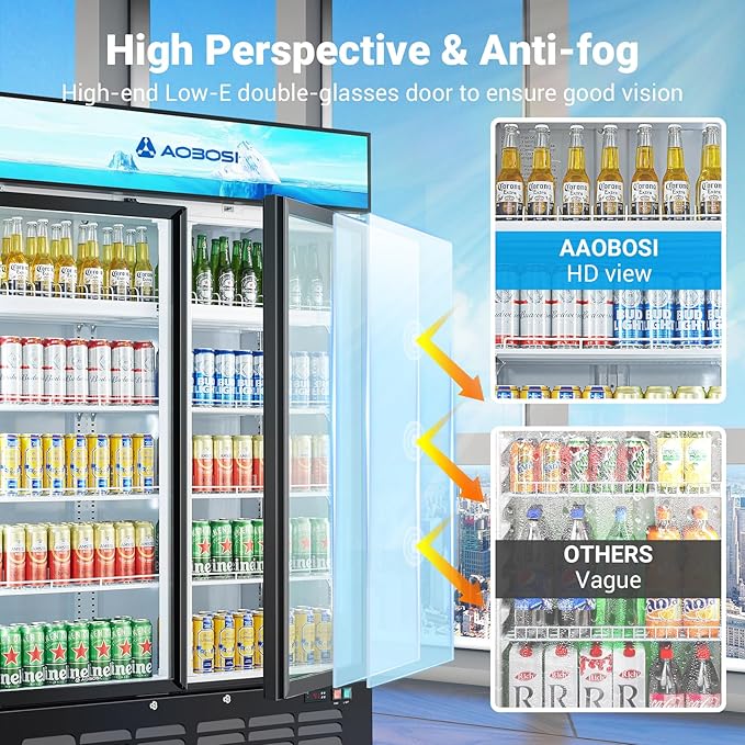 AAOBOSI Commercial Merchandiser Refrigerator,36.8 Cu.Ft Glass Door Display Refrigerator,Upright Beverage Cooler Fridge with Soft LED Light, Customizable Lightbox,Universal Casters, Adjustable Shelves
