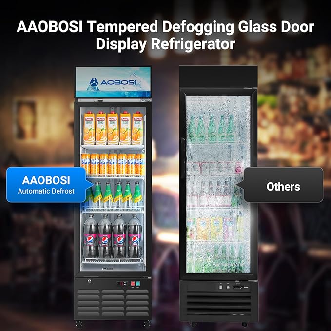 AAOBOSI Commercial Merchandiser Refrigerator,12.29 Cu.Ft Glass Door Display Refrigerator,Upright Beverage Cooler Fridge with Soft LED Light, Customizable Lightbox,Universal Casters, Adjustable Shelves