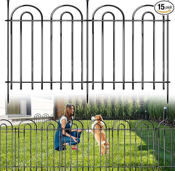 15 Panels Decorative Garden Fence, 24 in(H) X 30 ft(L) No Dig Dog Fence Outdoor for Yard, Rustproof Metal Garden Fencing Animal Barrier Border with Ground Stakes, Temporary Fencing for Patio Outdoor