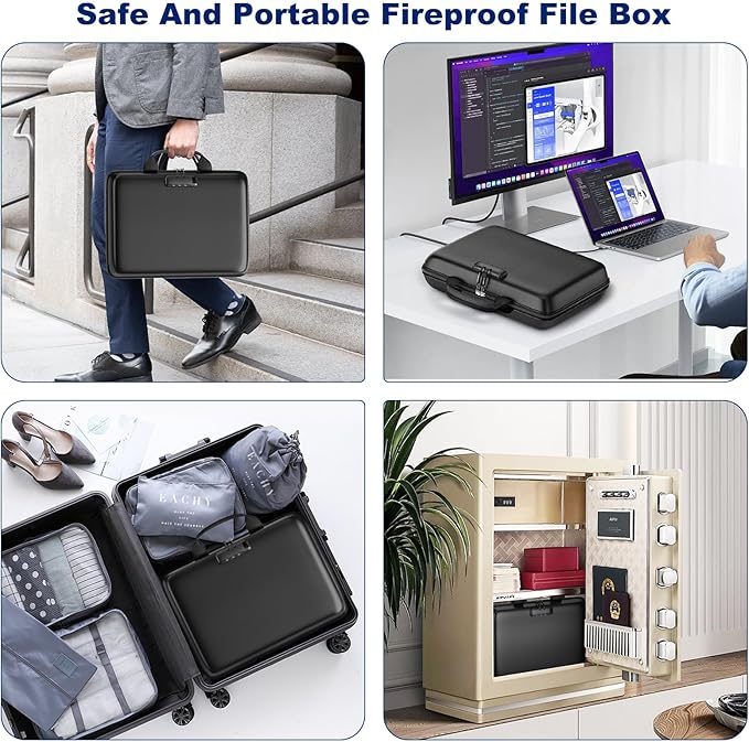 Fireproof Document Box, Hard Case Fireproof File Organizer with Lock and 13 Pocket Accordion File Folder, Portable Safe Box for Home Office Travel to Storage Important Documents Laptop Black