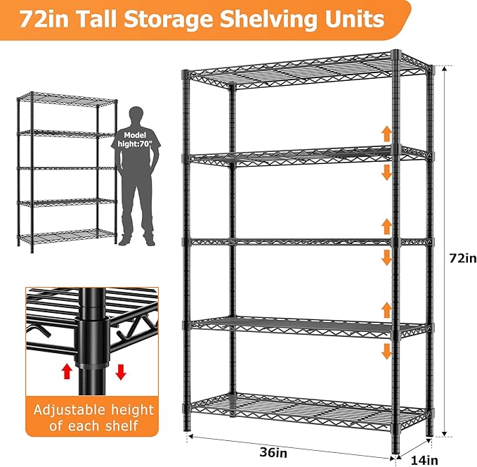 Storage Shelves Heavy Duty, 36" L x 14" W x 72" H Garage Wire Shelving Unit Loads 1750LBS, 5-Tier Adjustable Metal Industrial Utility Shelf Rack for Kitchen, Laundry Room, Pantry, Warehouse, Basement